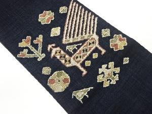 手織り紬抽象花鳥模様織出し名古屋帯